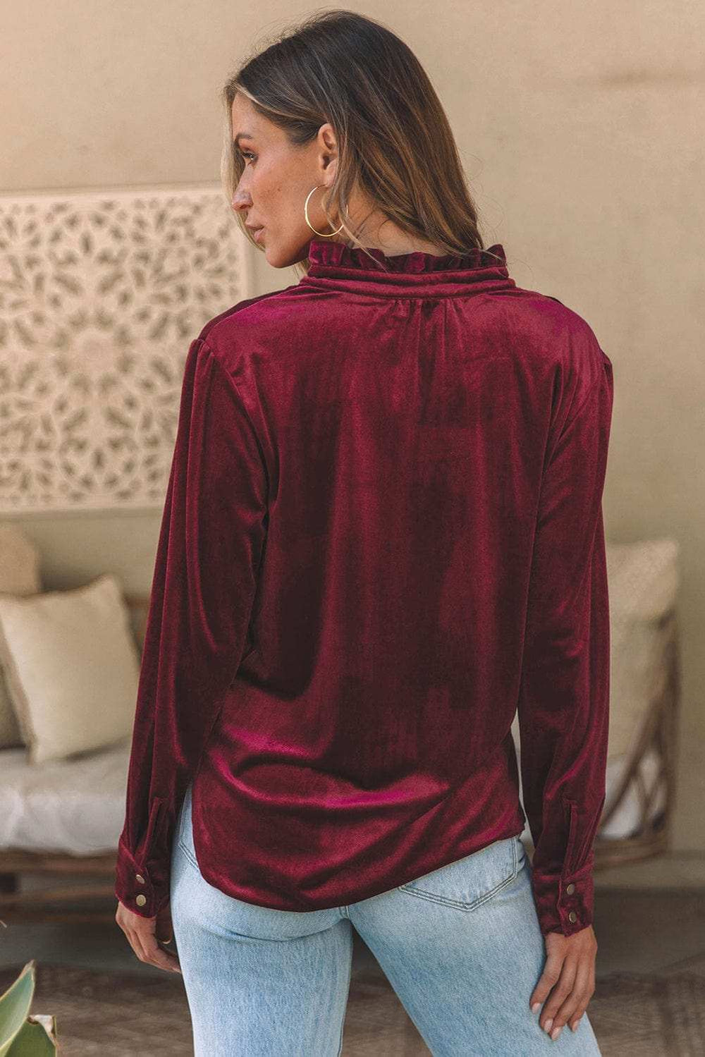 Frill Half Button Mock Neck Long Sleeve Blouse - Trendsi - Flyclothing LLC