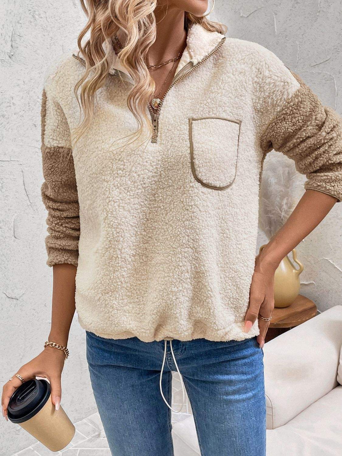 Perfee Contrast Half Zip Long Sleeve Sweatshirt - Trendsi - Flyclothing LLC