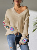 Crochet Flower V-Neck Sweater - Trendsi - Flyclothing LLC