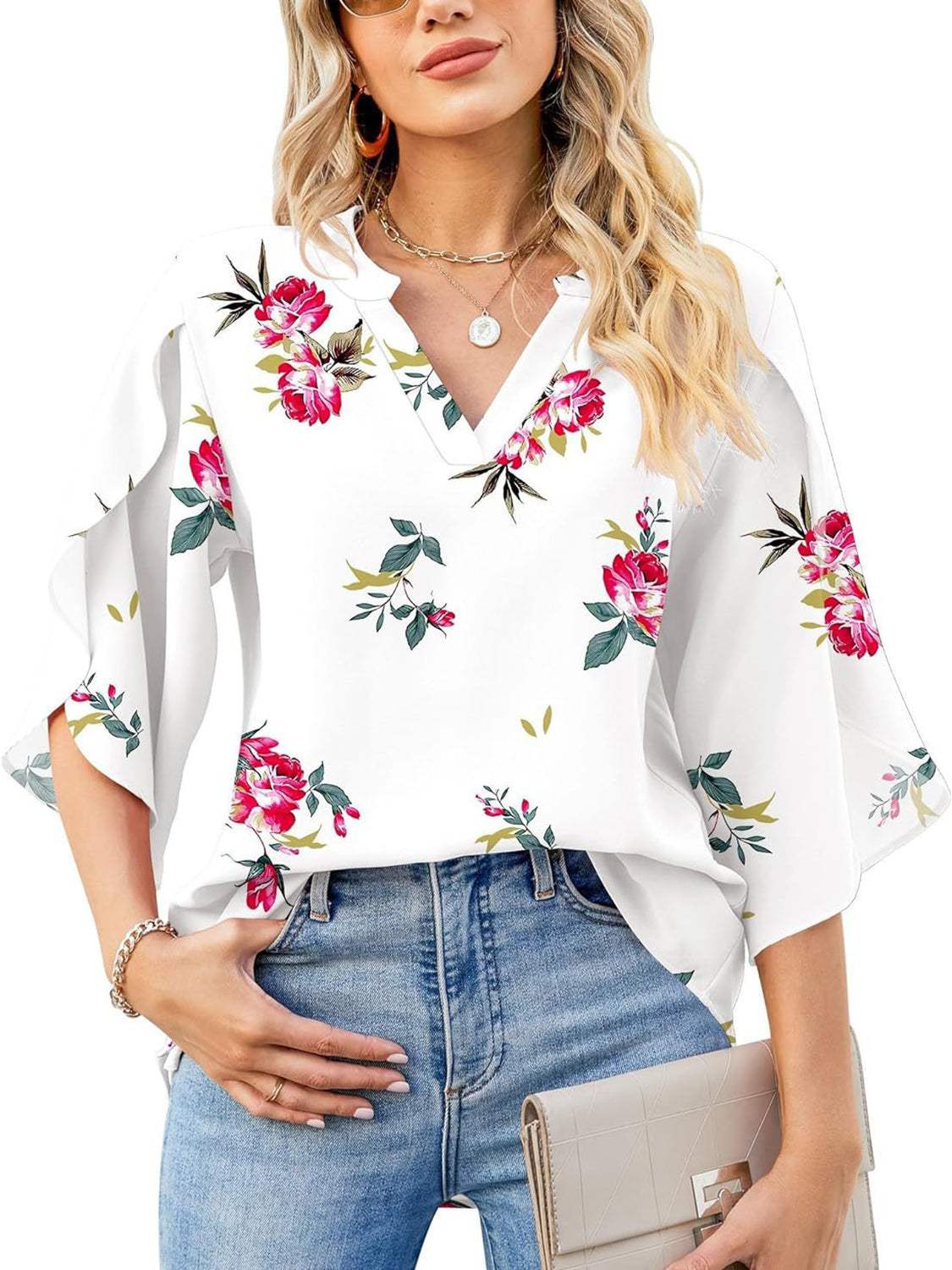 Printed Notched Half Sleeve Blouse - Trendsi - Flyclothing LLC