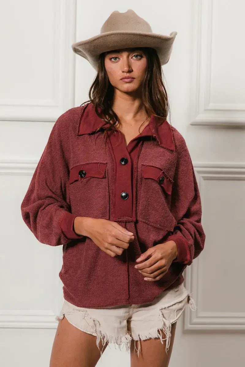 BiBi Cp French Terry Cut Edge Detail Collared Top - Trendsi - Flyclothing LLC