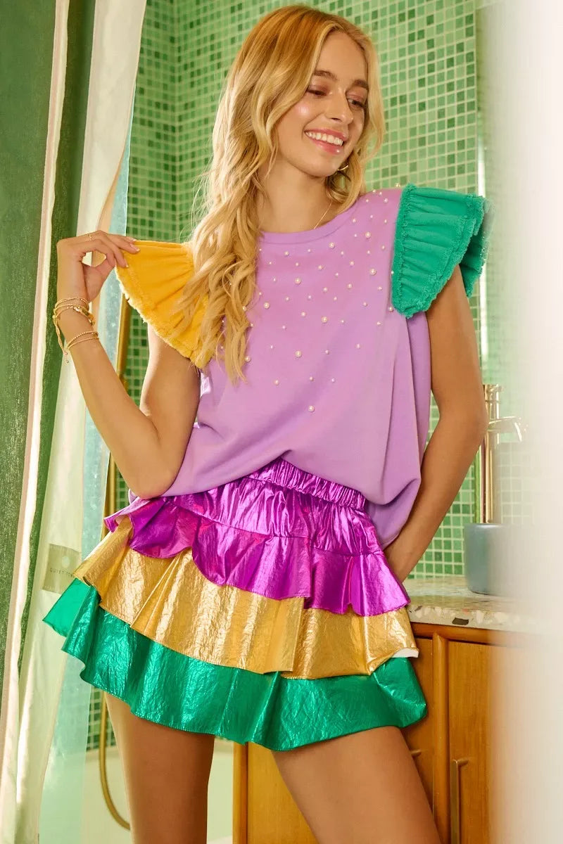 BiBi Mardigras Theme Frayed Edge Ruffled Top - Trendsi - Flyclothing LLC