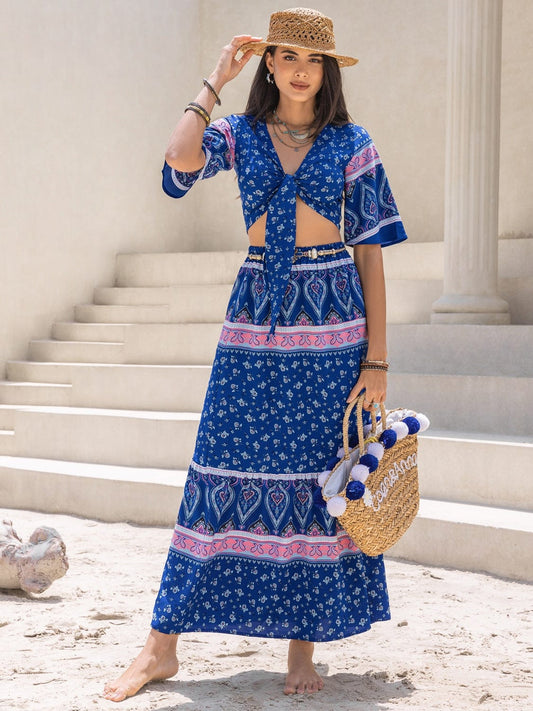 Printed Flutter Sleeve Top and Skirt Set - Trendsi