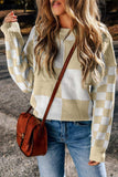 Checkered Round Neck Drop Shoulder Sweater - Trendsi - Flyclothing LLC