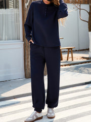 Quarter Button Long Sleeve Top and Pants Set - Trendsi