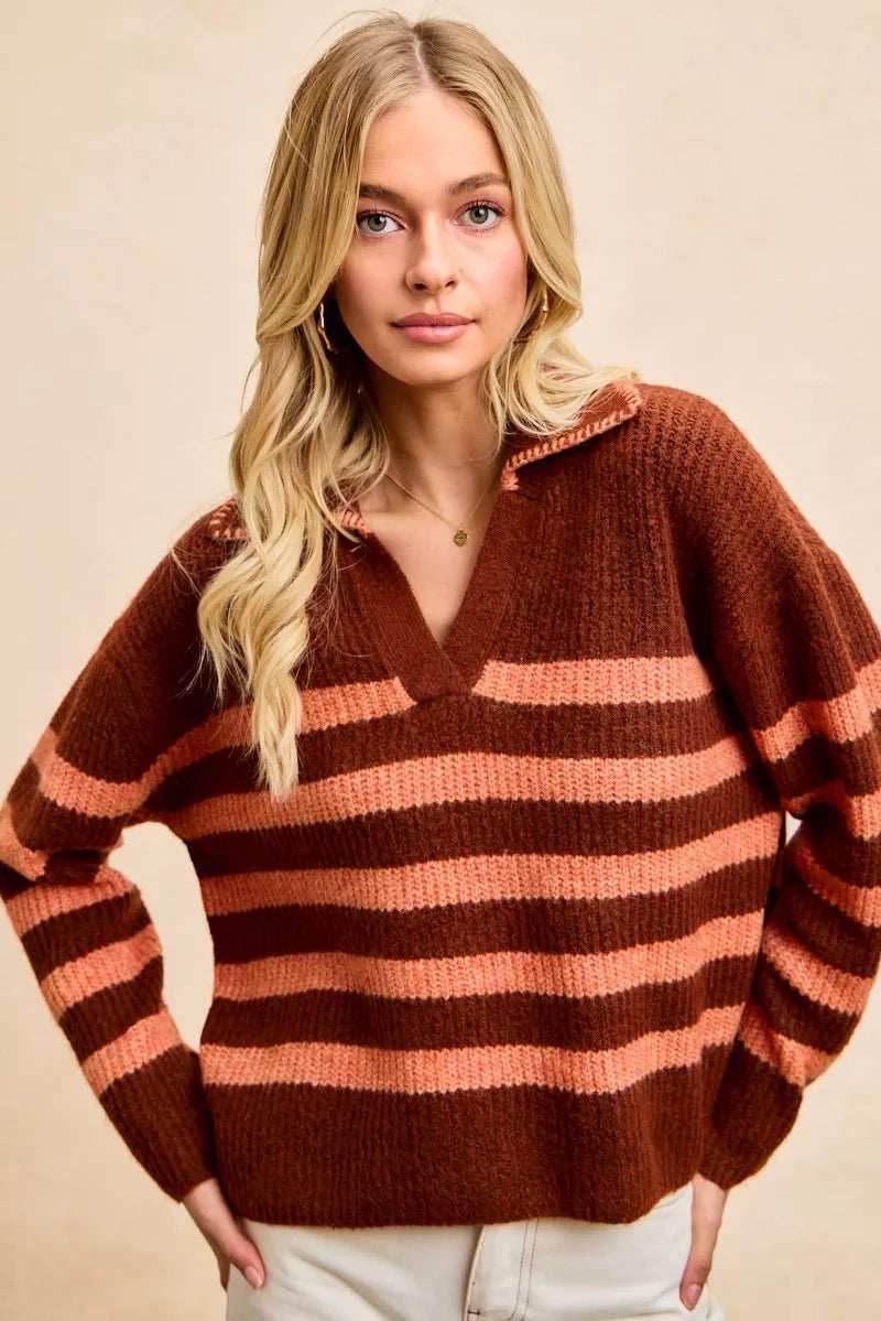 BiBi Striped Sweater Top with Collar Stitched Details - Trendsi - Flyclothing LLC