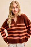 BiBi Striped Sweater Top with Collar Stitched Details - Trendsi - Flyclothing LLC