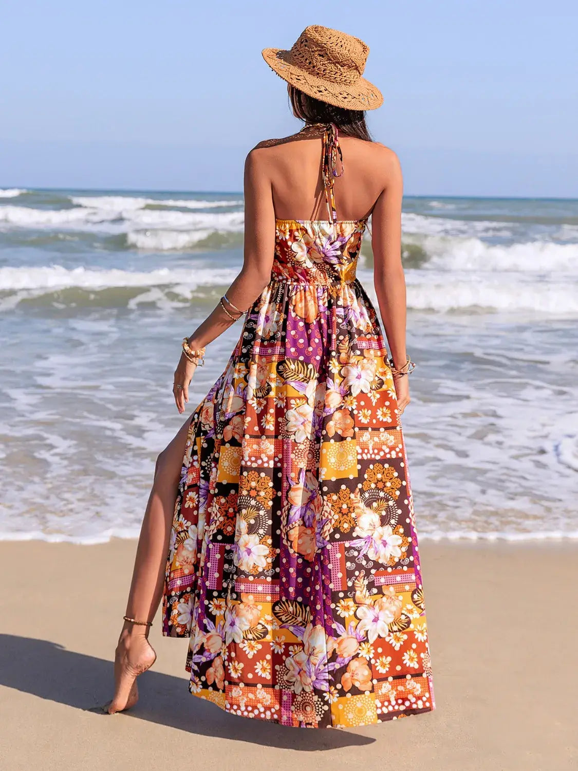 Slit Printed Halter Neck Cami Dress - Trendsi - Flyclothing LLC