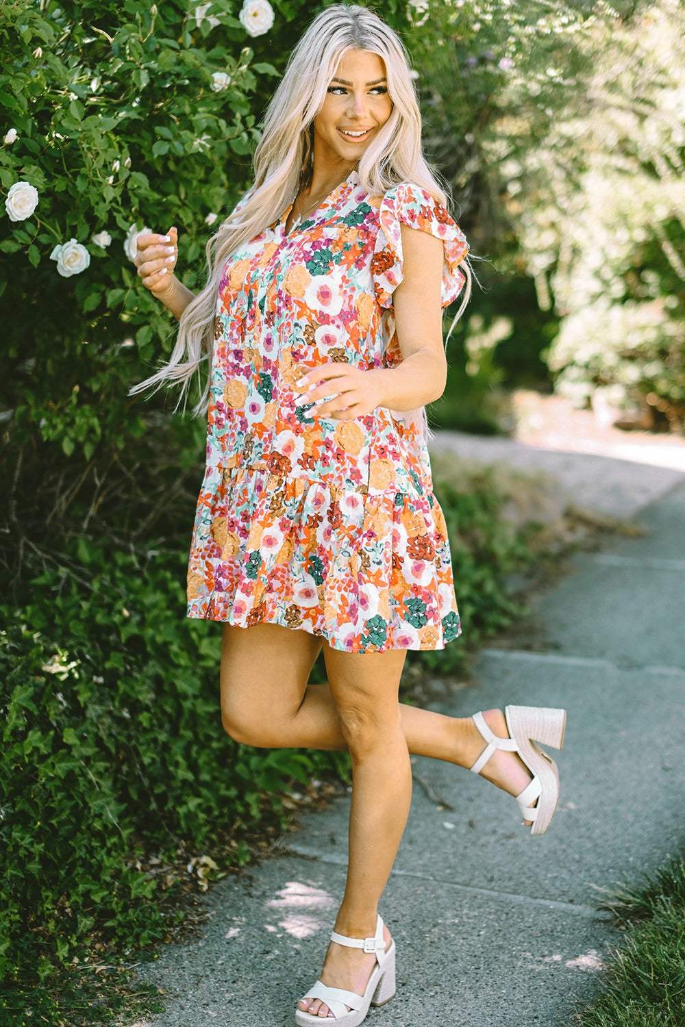 Ruffled Printed Cap Sleeve Mini Dress - Trendsi - Flyclothing LLC