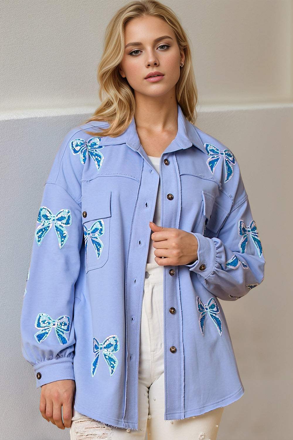 Double Take Full Size Sequin Bow Button Up Shacket - Trendsi - Flyclothing LLC