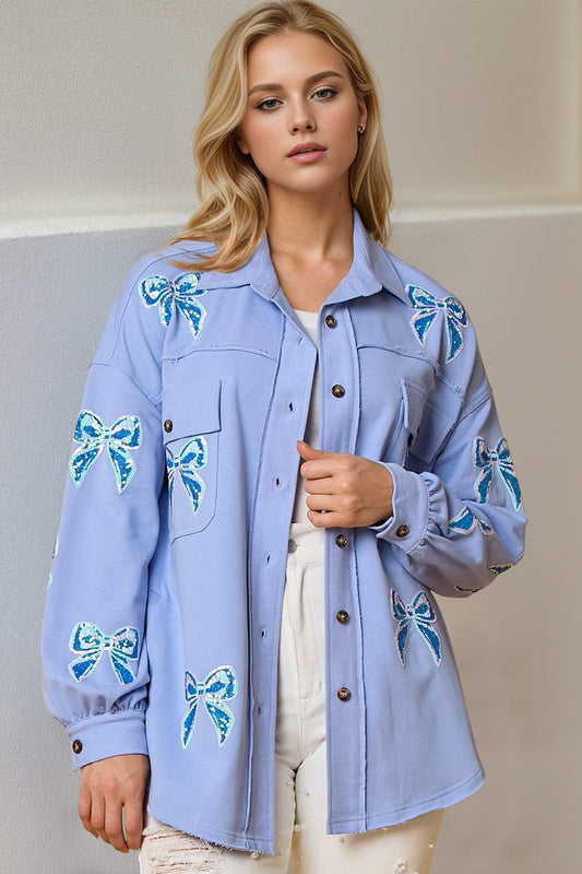 Double Take Full Size Sequin Bow Button Up Shacket - Trendsi