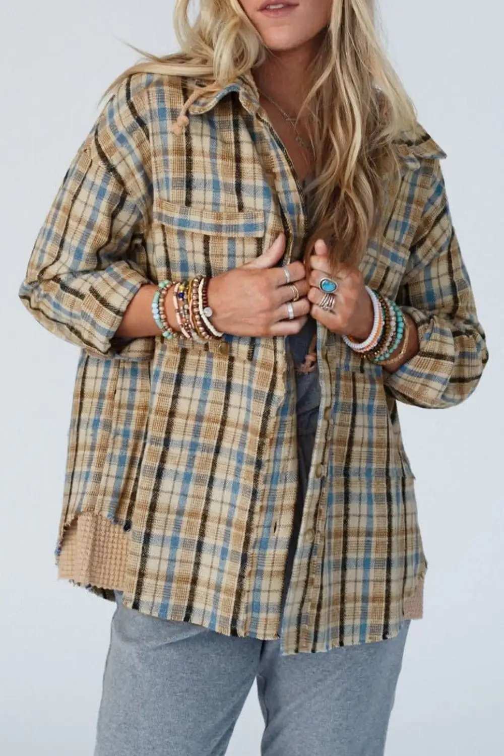 Drawstring Waffle Knit Patchwork Hooded Plaid Shacket - Trendsi - Flyclothing LLC