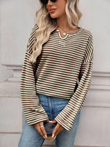 Striped Notched Long Sleeve T-Shirt - Trendsi - Flyclothing LLC