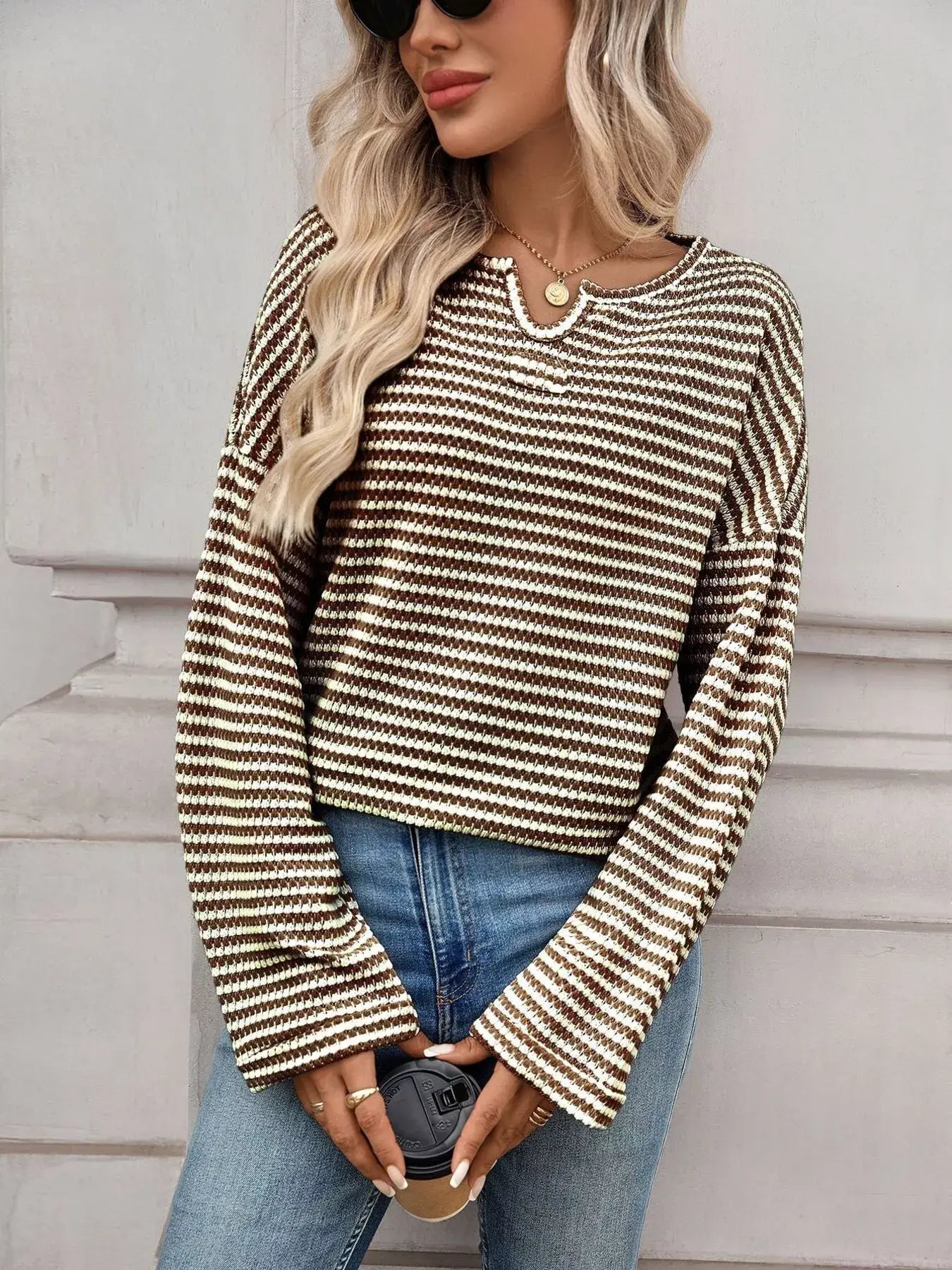Striped Notched Long Sleeve T-Shirt - Trendsi - Flyclothing LLC