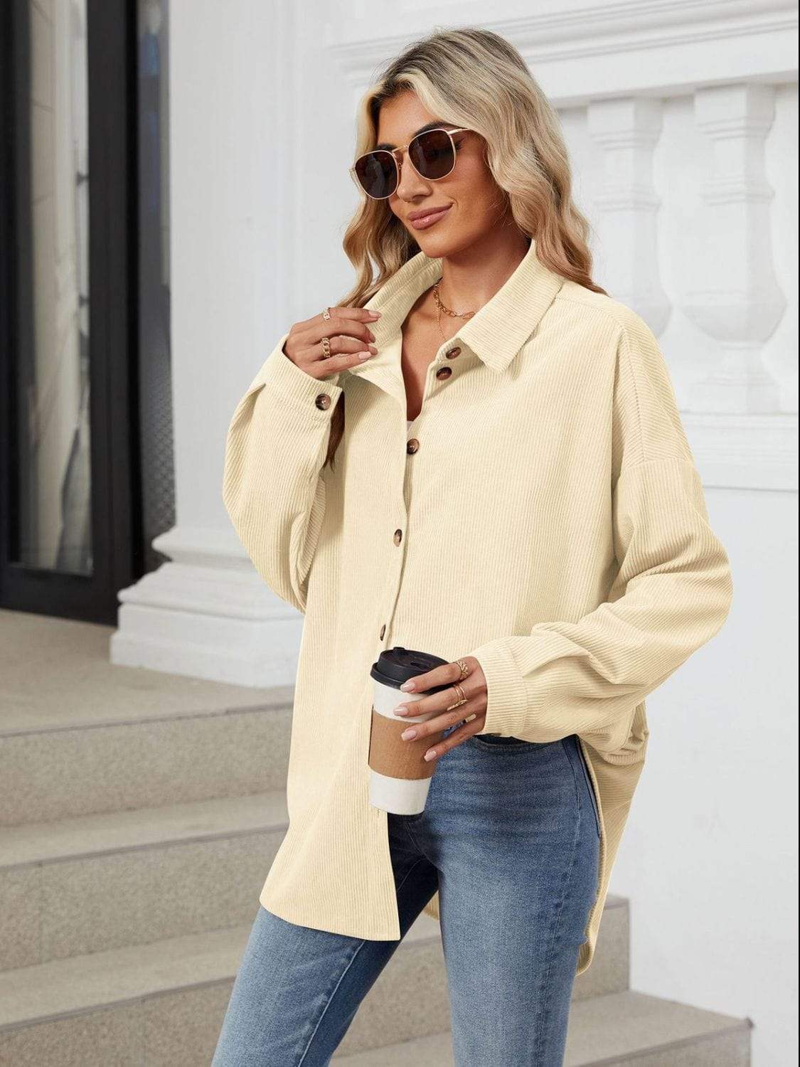 Collared Neck Long Sleeve Dropped Shoulder Shirt - Trendsi - Flyclothing LLC