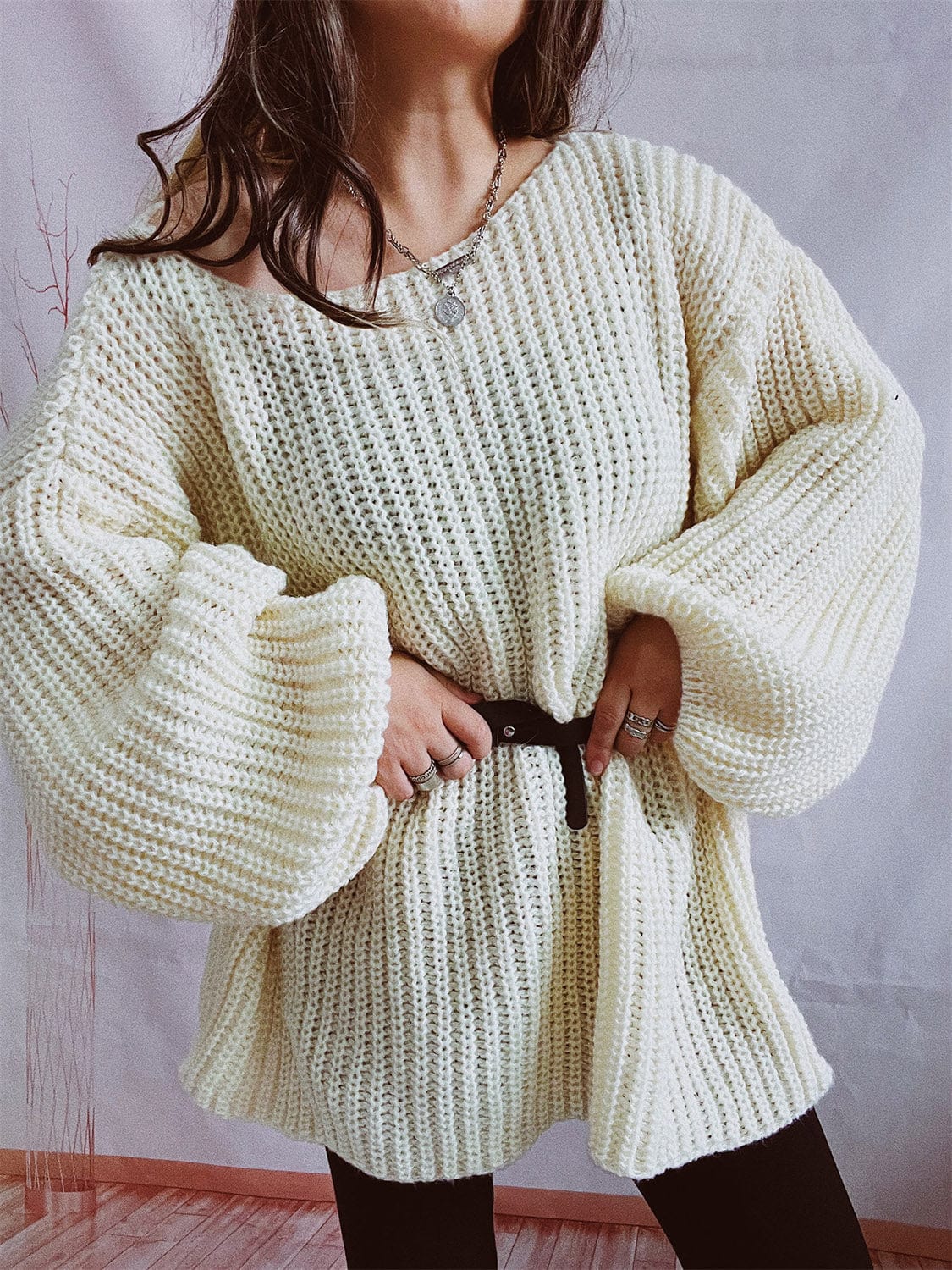 Boat Neck Long Sleeve Sweater with Belt - Trendsi