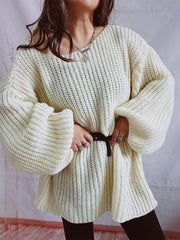 Boat Neck Long Sleeve Sweater with Belt - Trendsi