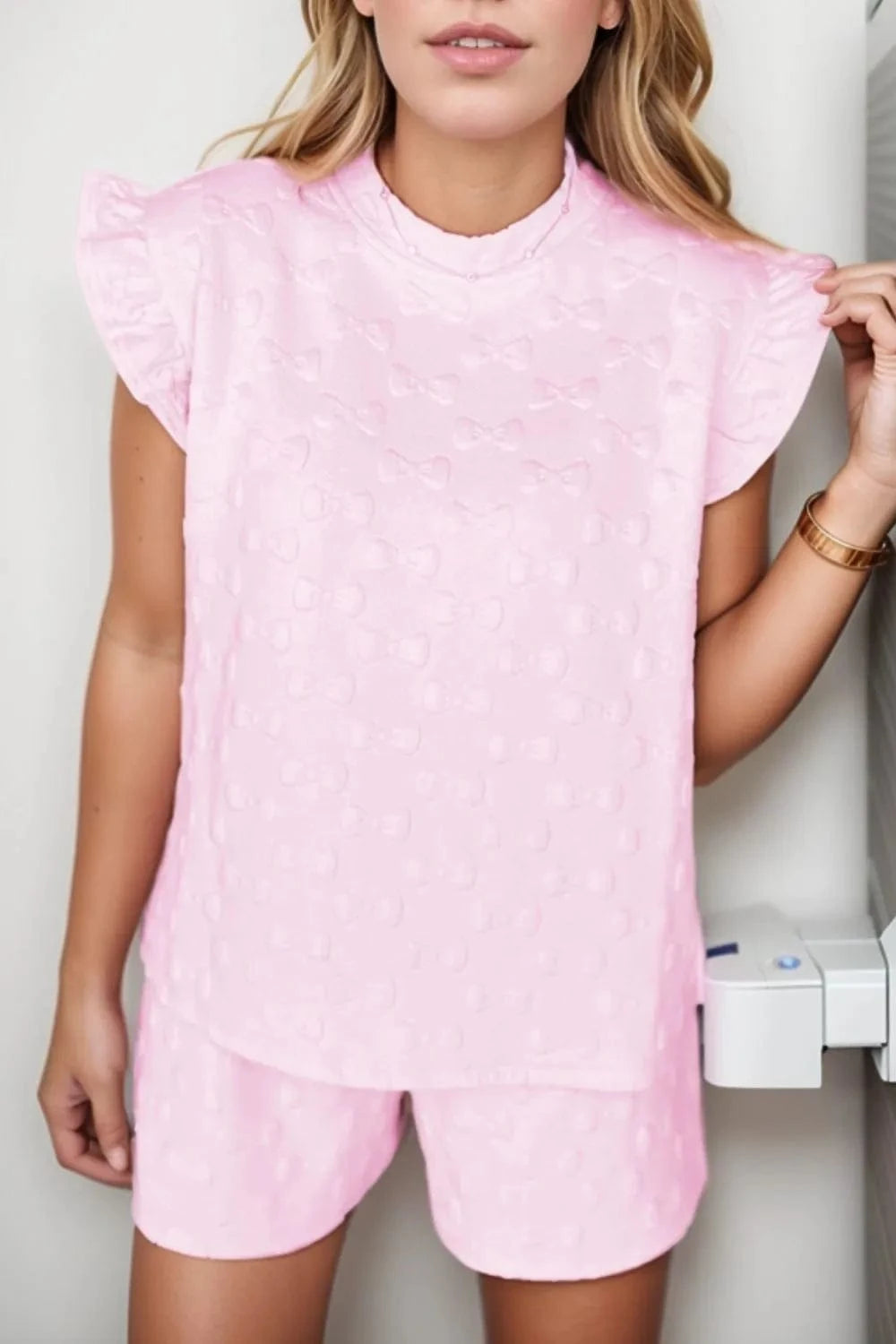Bow Jacquard Ruffle Cap Sleeve Top and Shorts Set - Trendsi