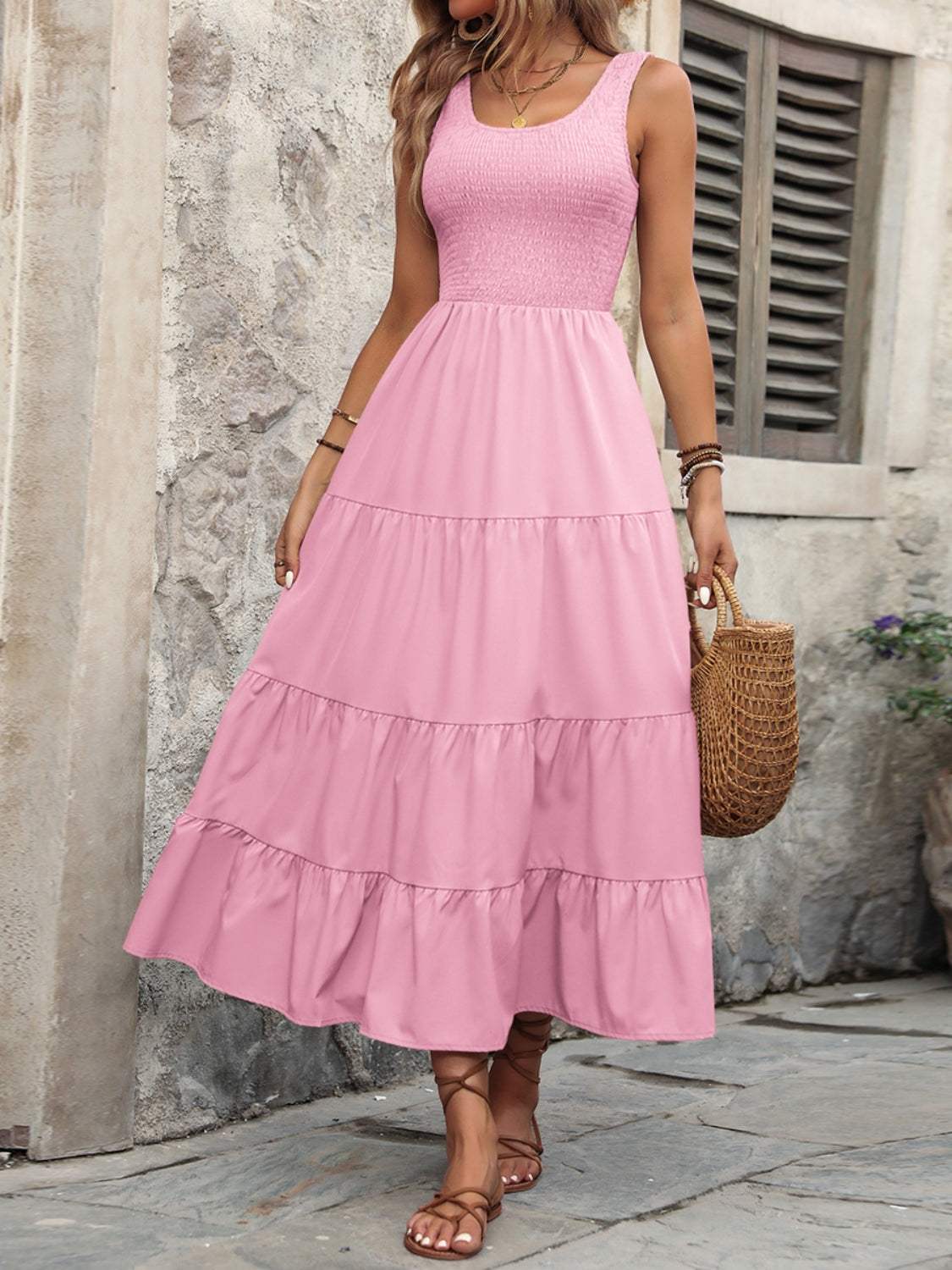 Smocked Scoop Neck Sleeveless Tank Dress - Trendsi - Flyclothing LLC
