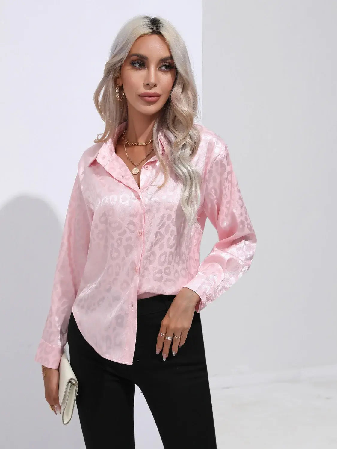 Leopard Collared Neck Long Sleeve Shirt - Trendsi - Flyclothing LLC