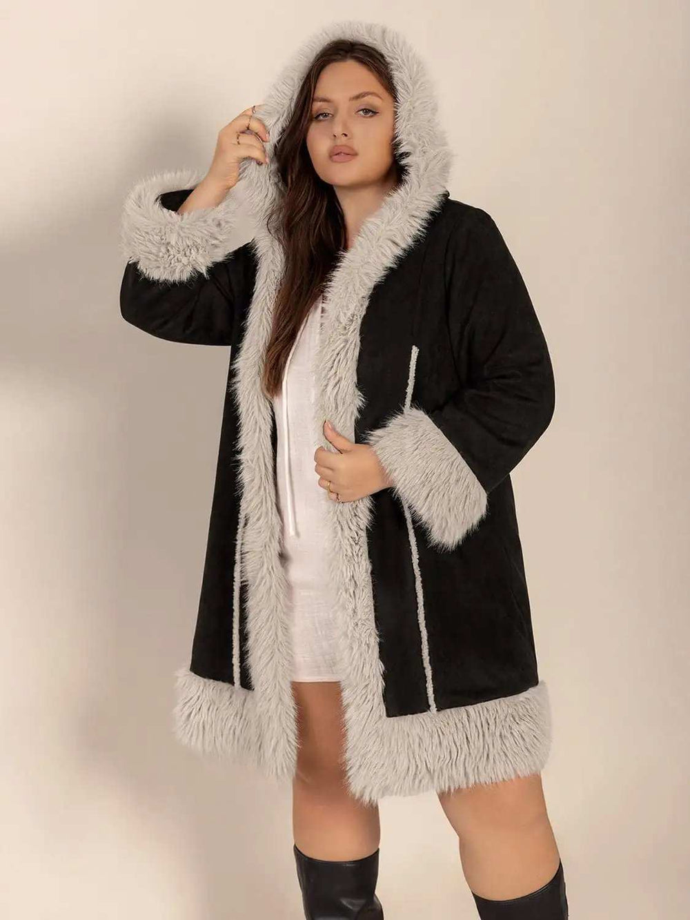 Plus Size Fuzzy Trim Open Front Long Sleeve Hooded Coat - Trendsi - Flyclothing LLC