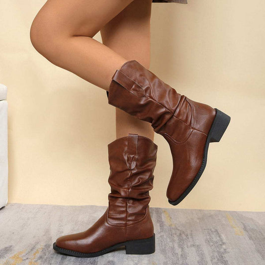 Pleated Pull-On Western Cowboy Boots - Trendsi - Flyclothing LLC
