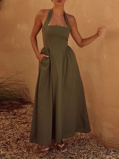Halter Neck Maxi Dress with Pockets - Trendsi