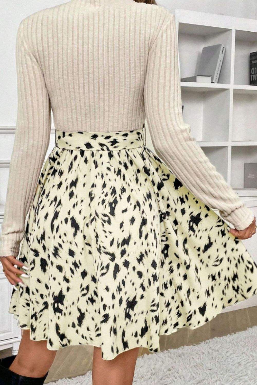 Printed Tie Waist Mock Neck Long Sleeve Dress - Trendsi - Flyclothing LLC
