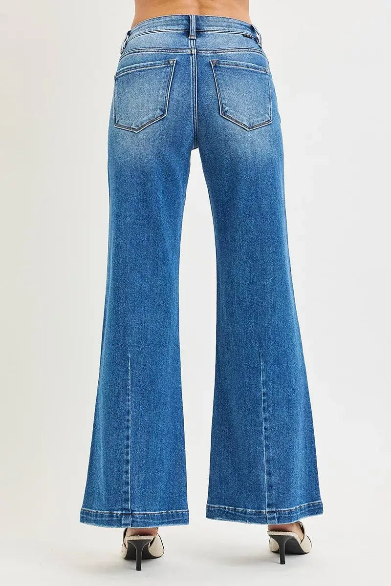 RISEN Full Size Mid Rise Wide Leg Jeans with Flared Look Plus Size - Trendsi - Flyclothing LLC