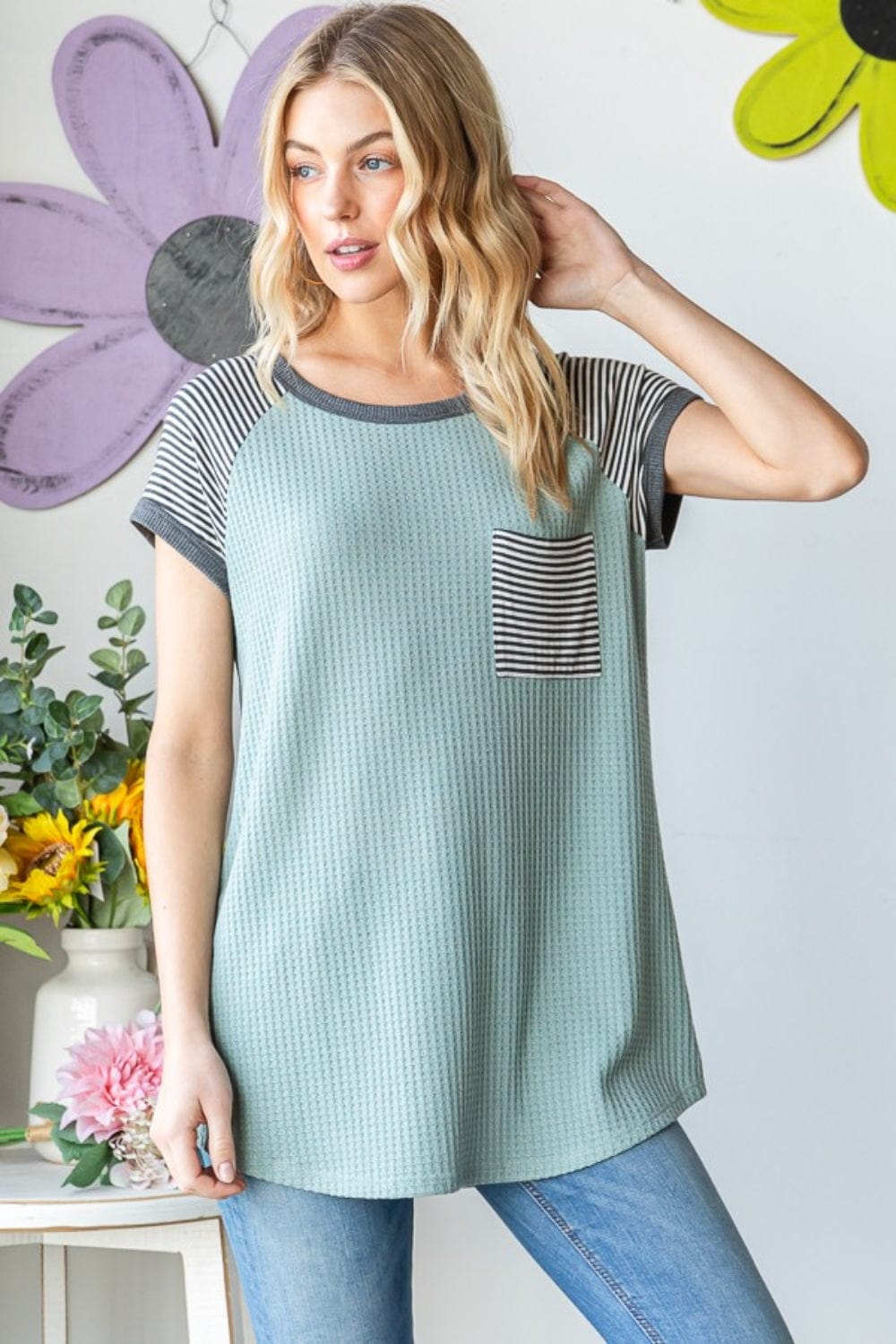 Heimish Full Size Striped Short Sleeve Waffle T-Shirt - Trendsi