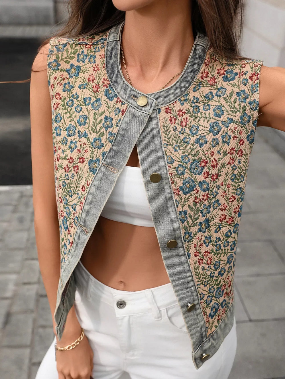 Floral Embroidered Denim Vest Top - Trendsi - Flyclothing LLC