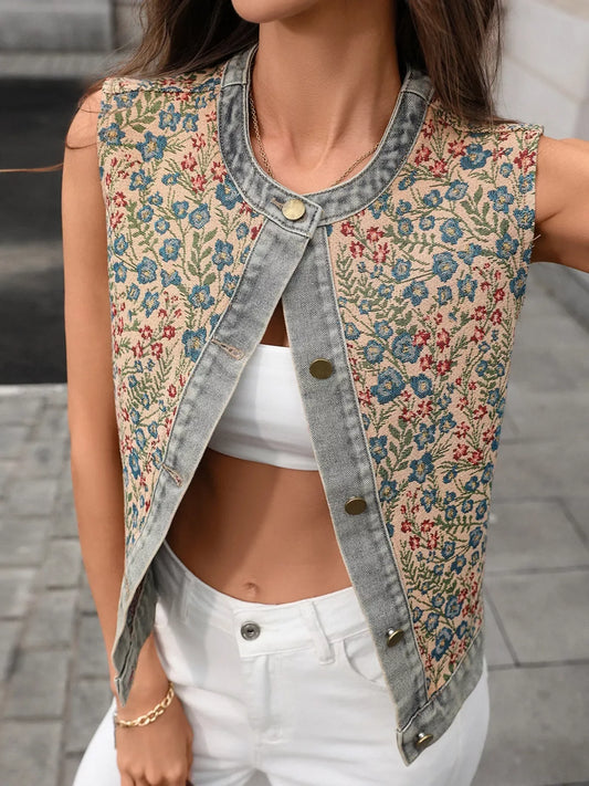 Floral Embroidered Denim Vest Top - Trendsi - Flyclothing LLC