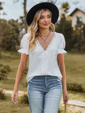 Lace Detail V-Neck Flounce Sleeve Blouse - Trendsi