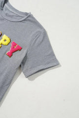 HOPPY Chenille Patch Round Neck Short Sleeve T-Shirt - Trendsi - Flyclothing LLC