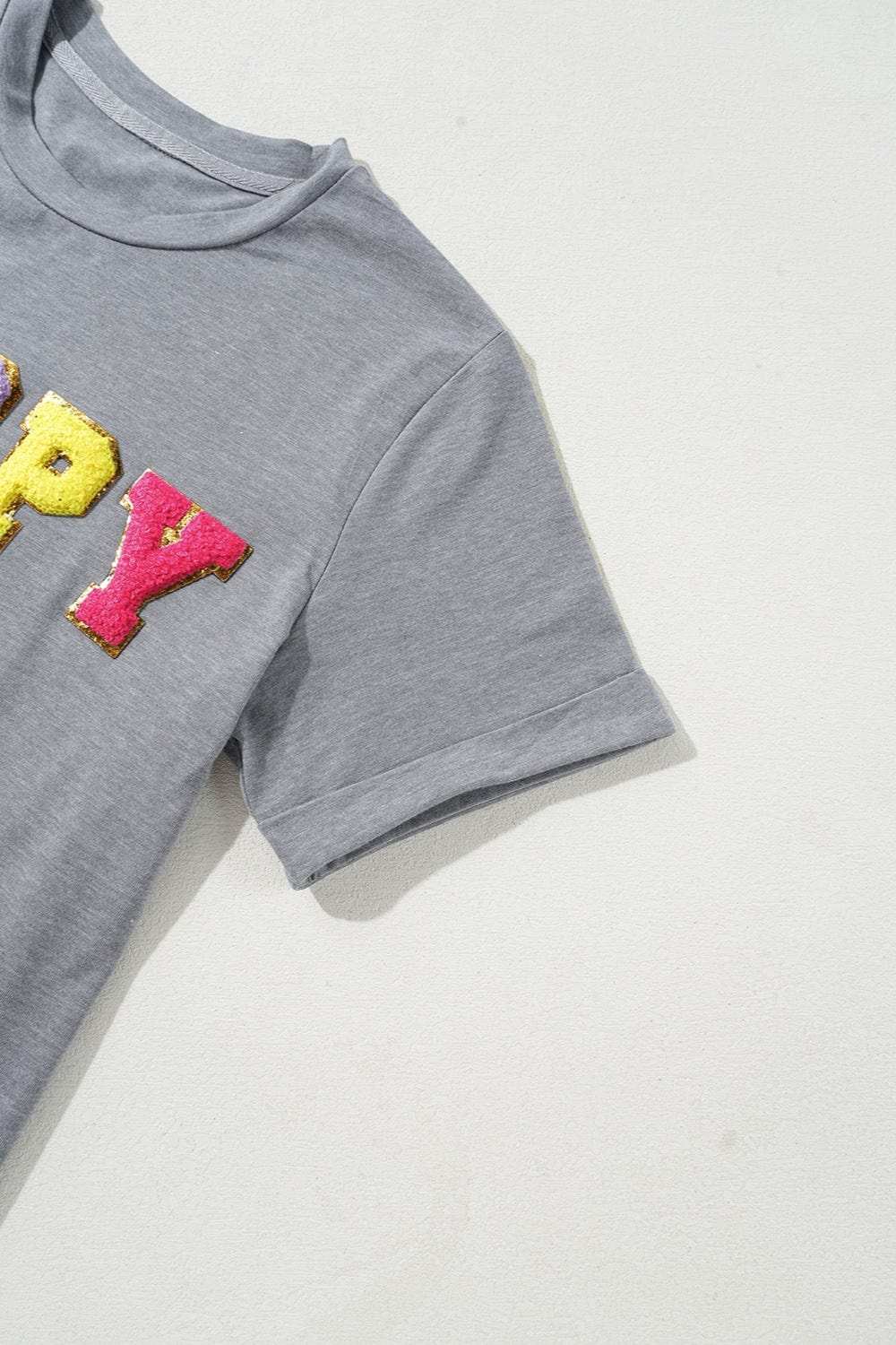 HOPPY Chenille Patch Round Neck Short Sleeve T-Shirt - Trendsi - Flyclothing LLC