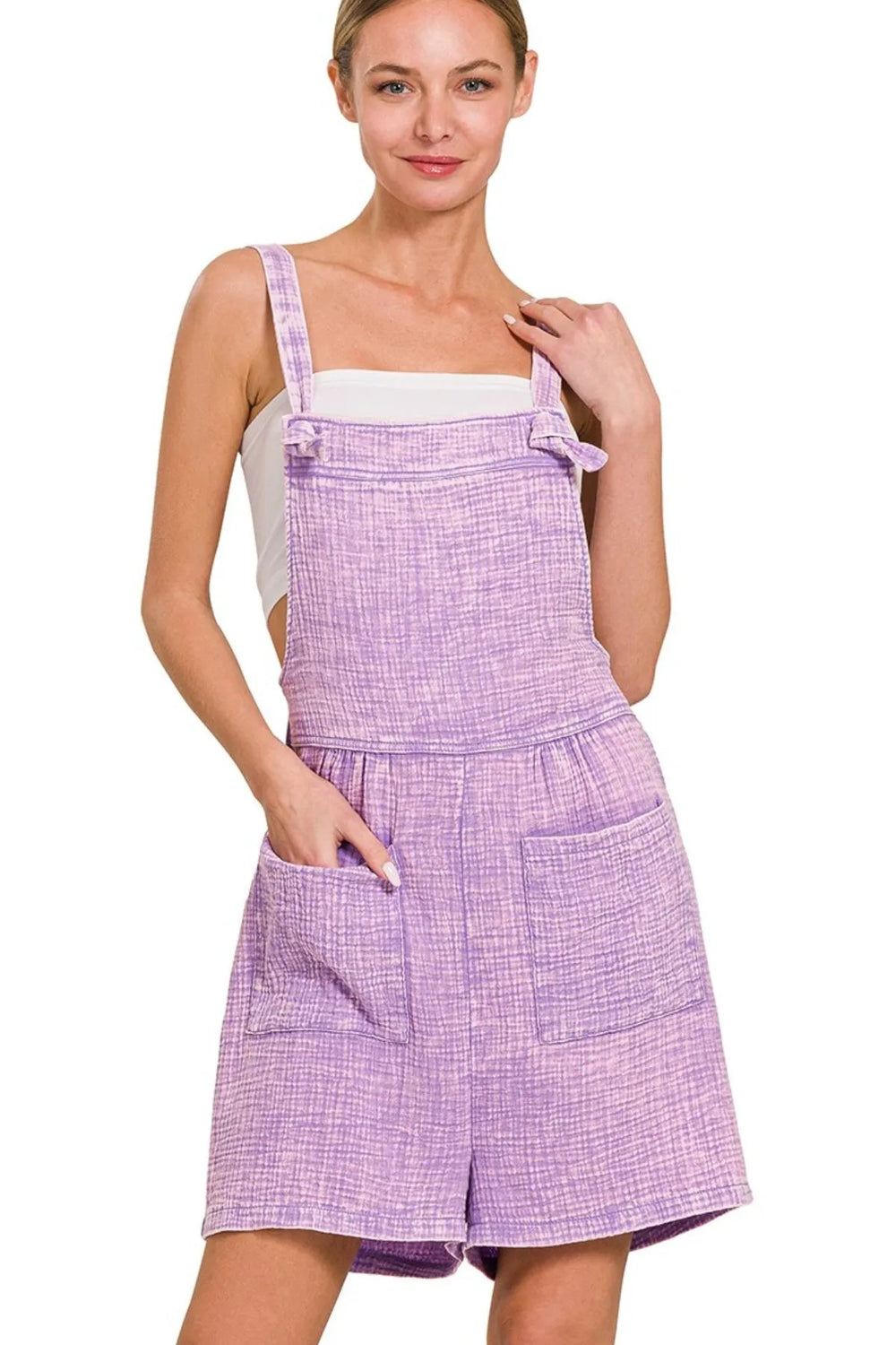 Zenana Woven Double Gauze Acid Washed Romper - Trendsi