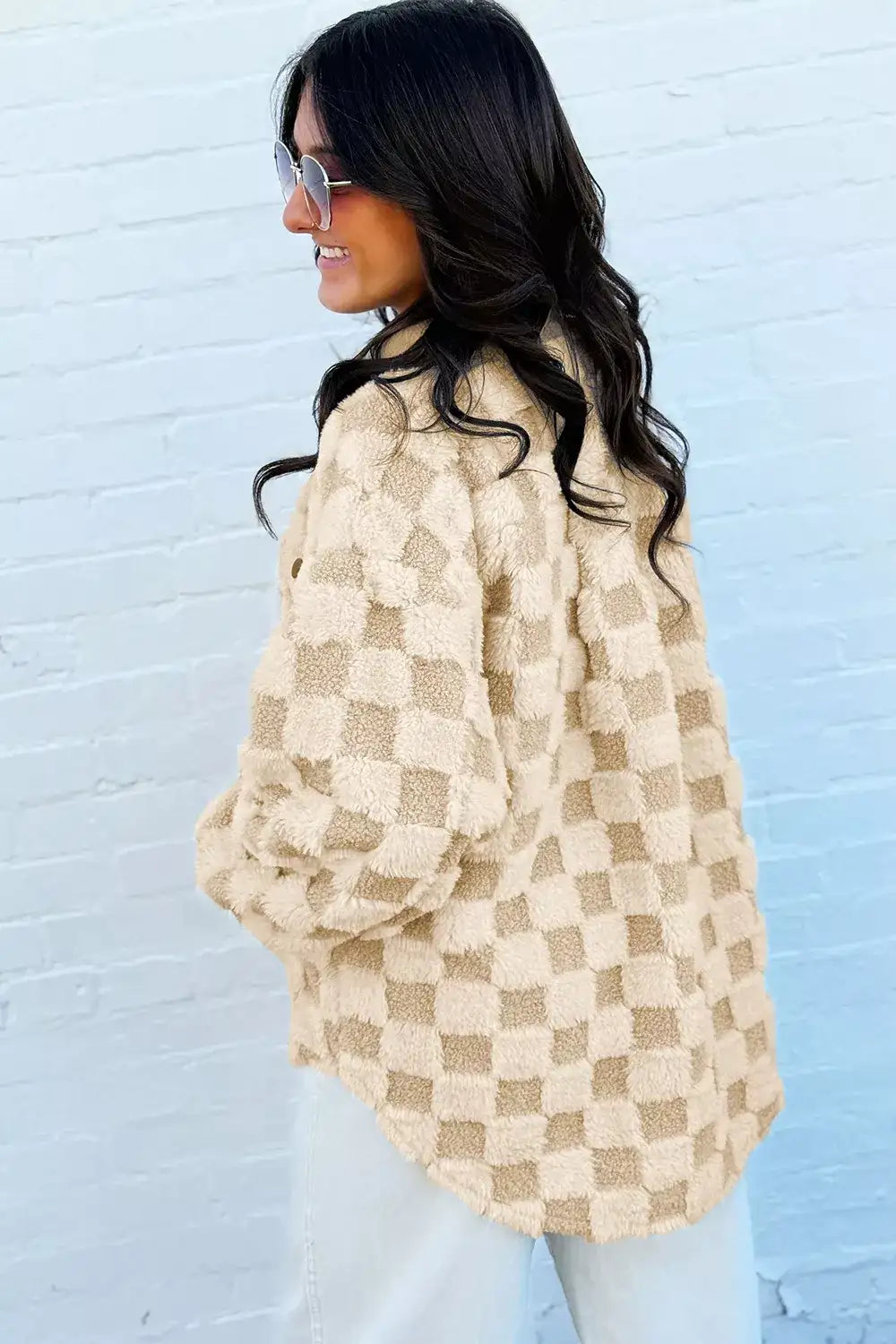 Plush Checkered Corduroy Trim Metal Button Long Sleeve Shift Silhouette Shacket - Trendsi - Flyclothing LLC