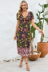 Printed Surplice Short Sleeve Dress - Trendsi