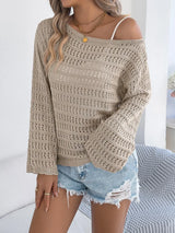 Openwork Boat Neck Long Sleeve Knit Cover Up - Trendsi - Flyclothing LLC