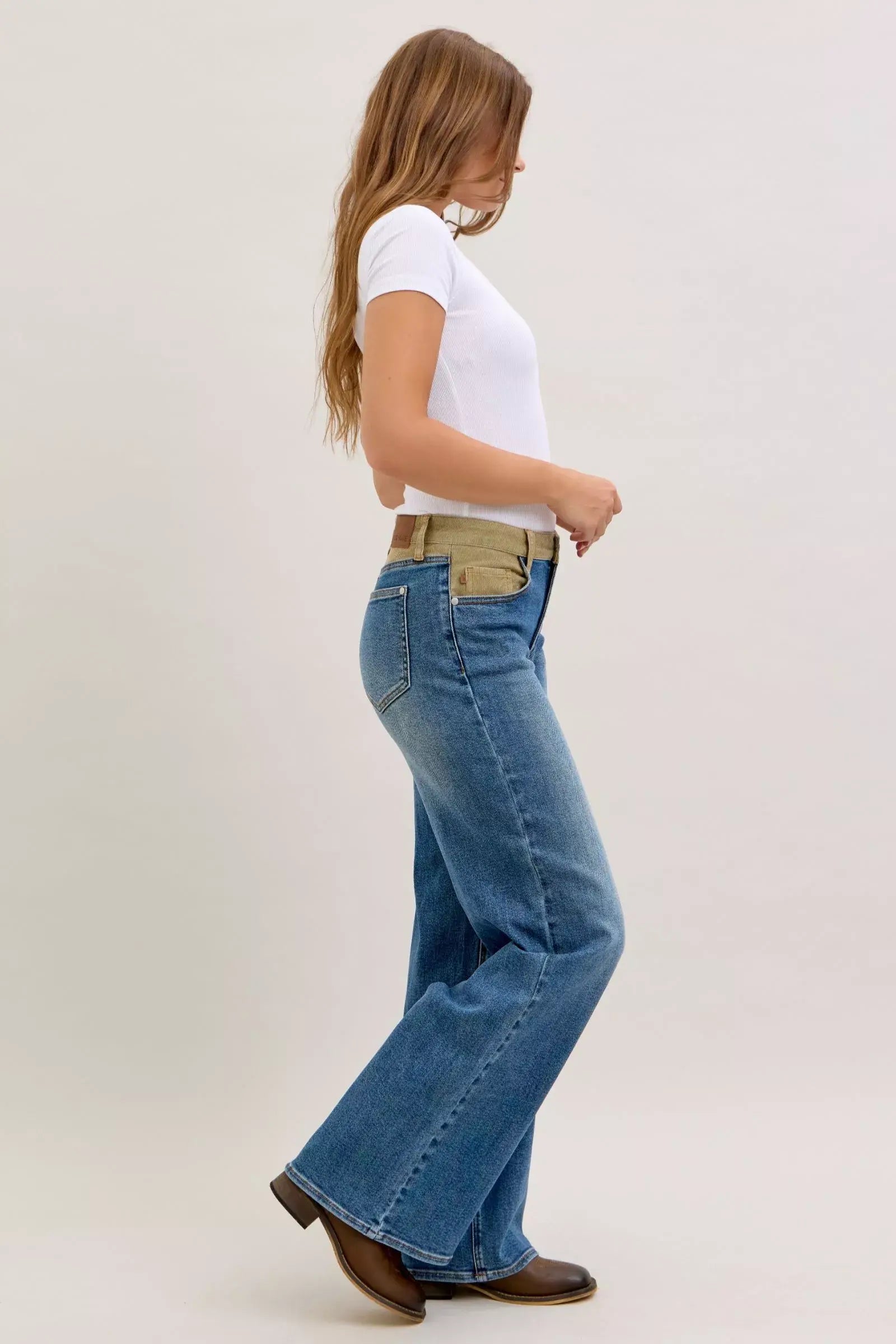 Judy Blue MR Column Straight Jeans with Corduroy Waist - Trendsi - Flyclothing LLC