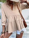Ruffled Notched Three-Quarter Sleeve Blouse - Trendsi