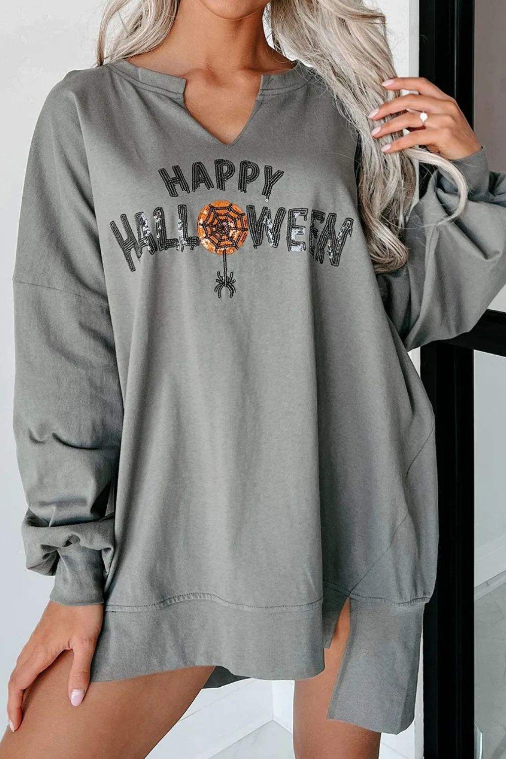 Sequin Letter Graphic Notched Long Sleeve Sweatshirt - Trendsi - Flyclothing LLC