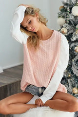 BiBi Cable Sweater Knit Top with Contrast Puff Sleeve - Trendsi - Flyclothing LLC