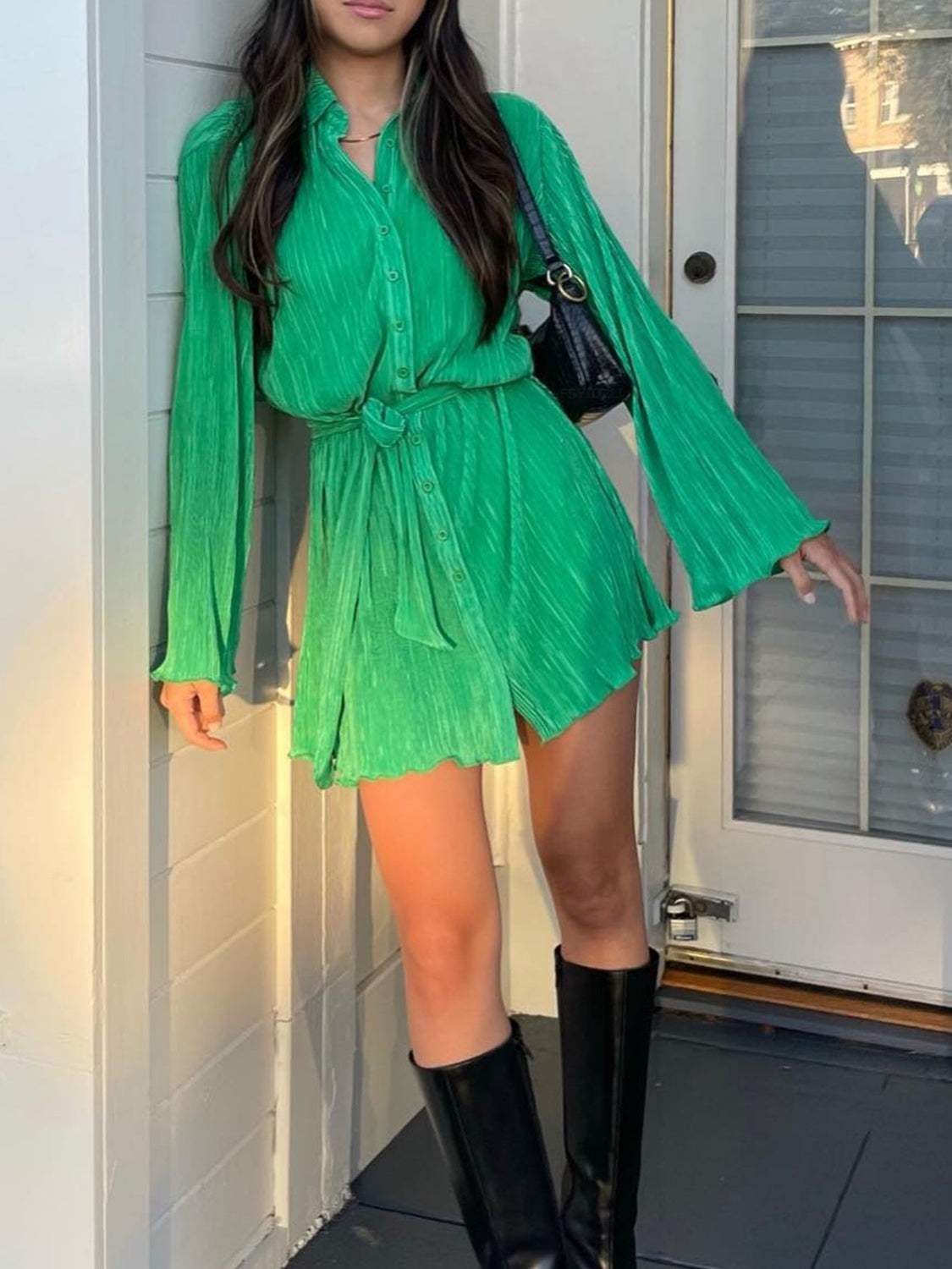 Tied Button Up Long Sleeve Dress - Trendsi - Flyclothing LLC