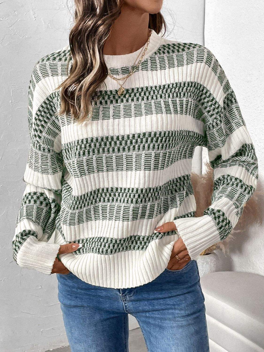Perfee Contrast Round Neck Long Sleeve Sweater - Trendsi - Flyclothing LLC