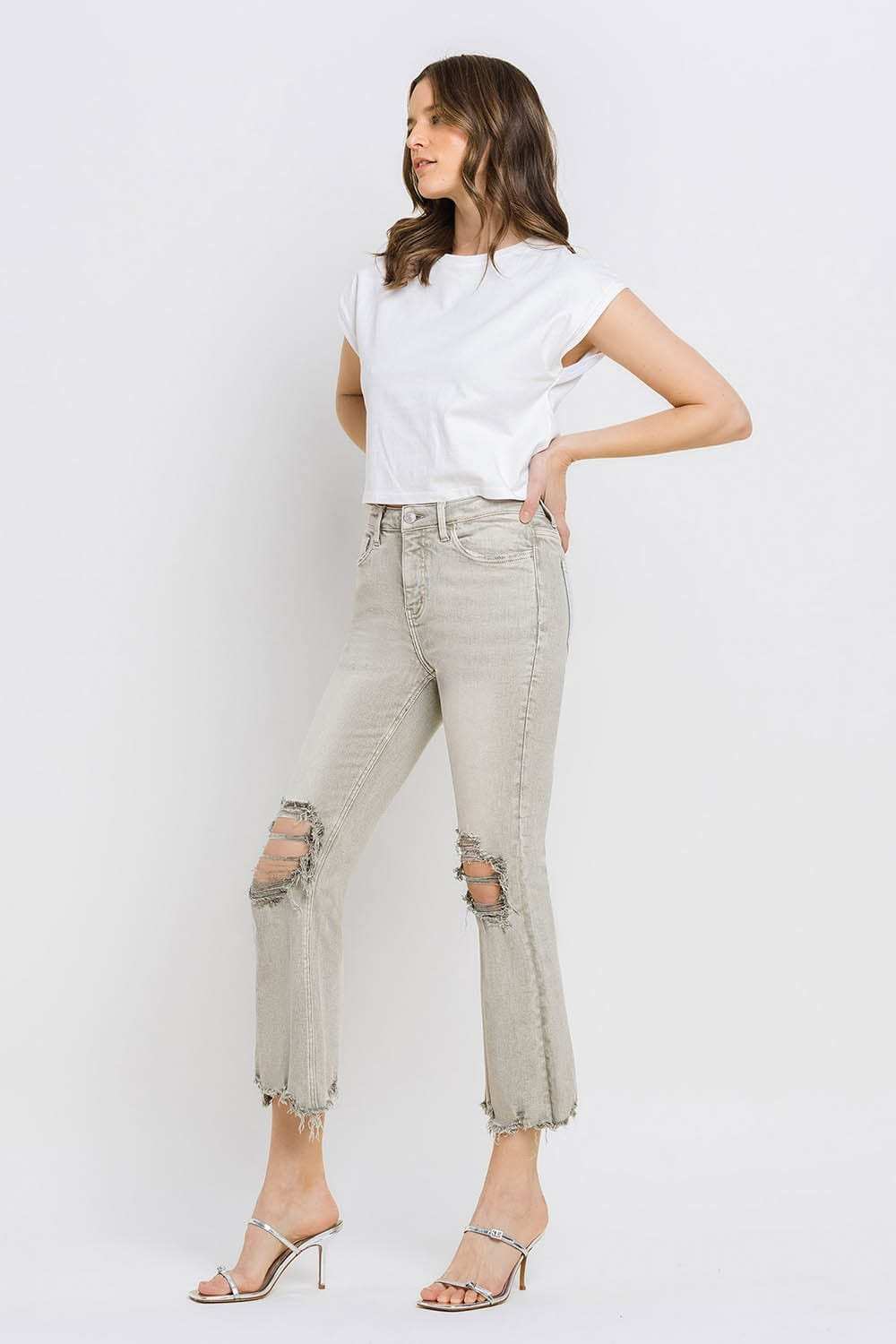 Lovervet Distressed Raw Hem Cropped Flare Jeans - Trendsi - Flyclothing LLC