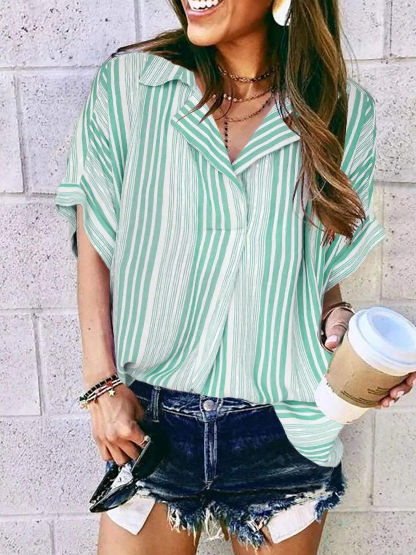 Full Size Collared Neck Half Sleeve Shirt Plus Size - Trendsi - Flyclothing LLC