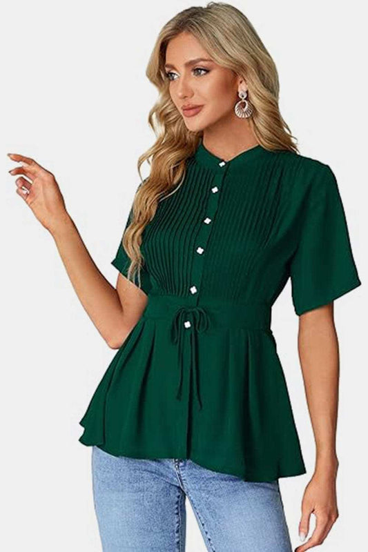 Tied Round Neck Short Sleeve Blouse - Trendsi - Flyclothing LLC