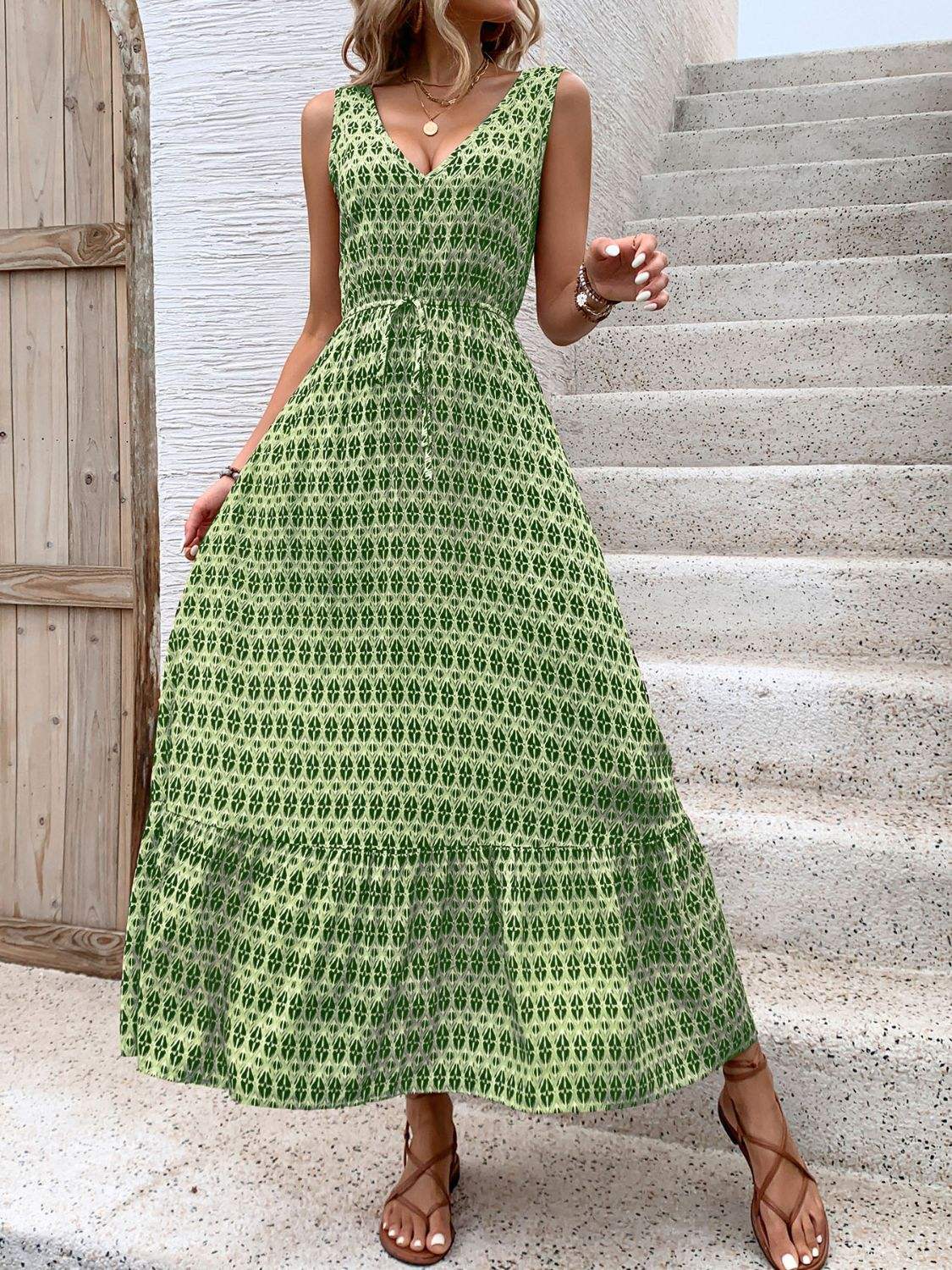 Printed V-Neck Tie Waist Midi Dress - Trendsi - Flyclothing LLC