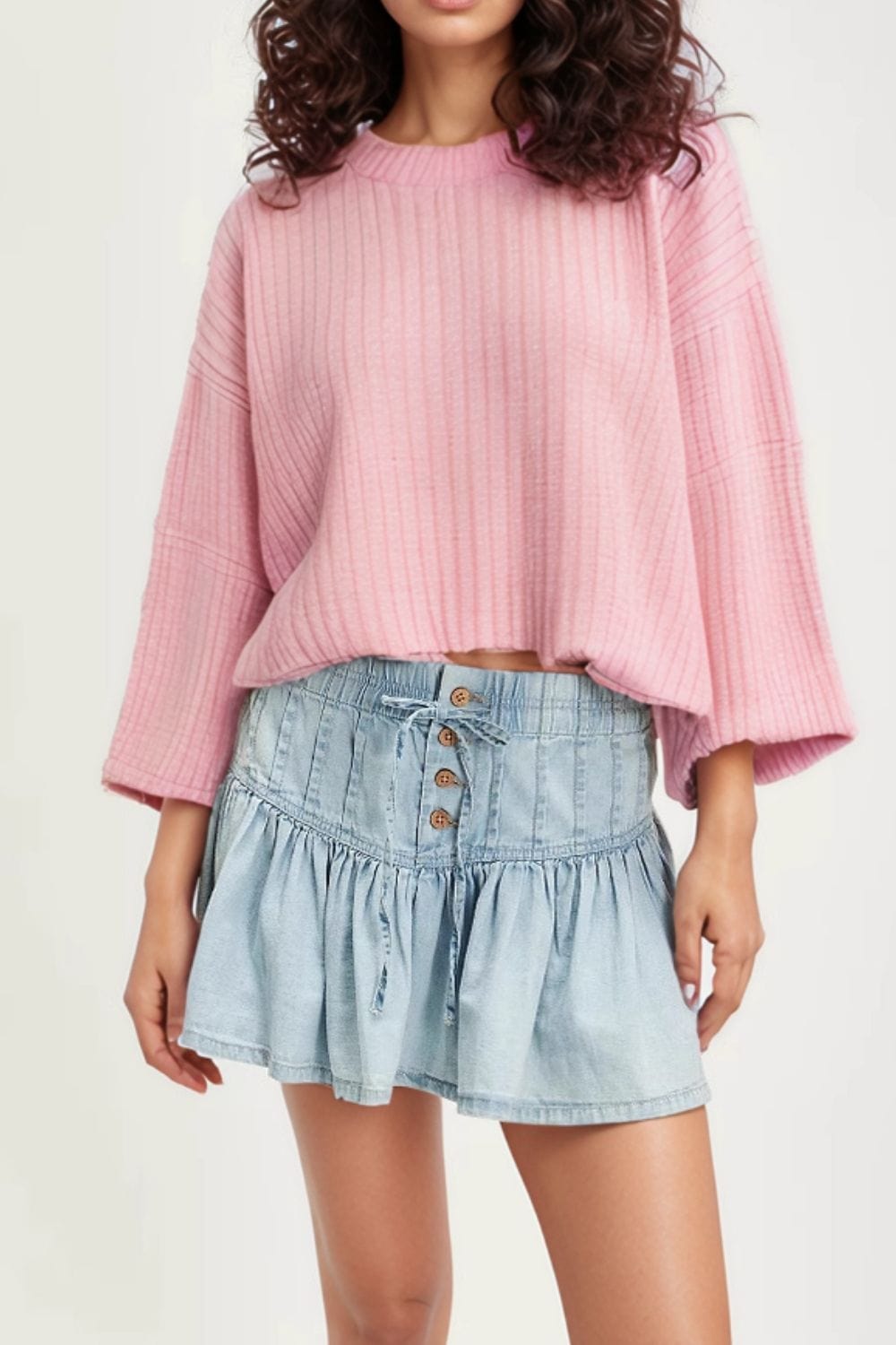 Buttoned Ruffled Mini Denim Skirt - Trendsi